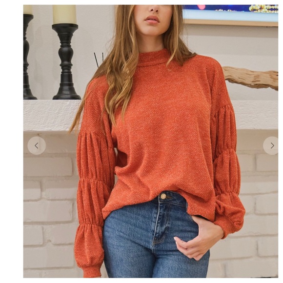 RESTOCK Boho Mock Neck Shirring Balloon Sleeve Knit Top - Picture 5 of 7